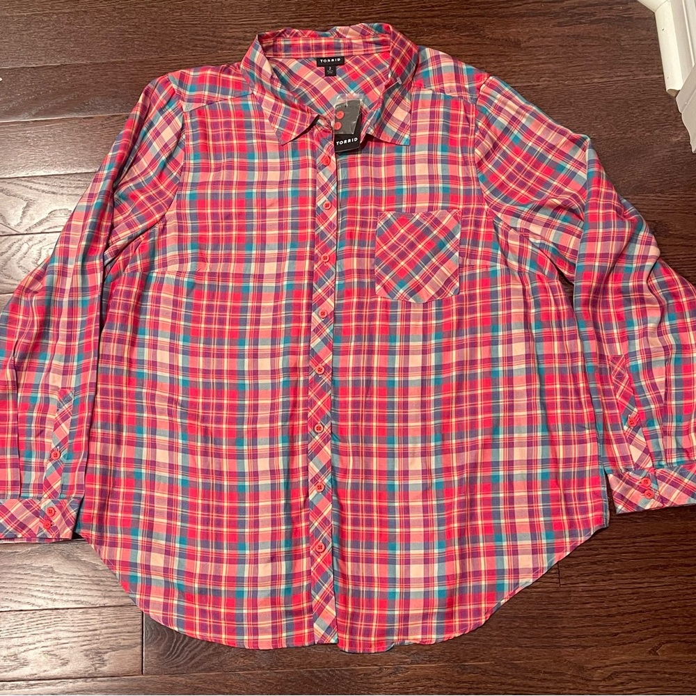 Torrid Plaid Red Blue Button Up Long Sleeve Shirt Women’s Plus Size 2X NEW